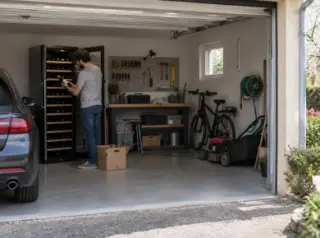 Une grande cave à vin dans un garage propre au printemps, une voiture à côté, la porte ouverte sur le jardin, un homme la remplit