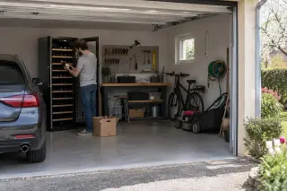 Une grande cave à vin dans un garage propre au printemps, une voiture à côté, la porte ouverte sur le jardin, un homme la remplit