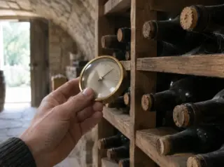 Gros plan sur une main qui tient un hygromètre à aiguille devant un casier de bouteilles, bouchons visibles