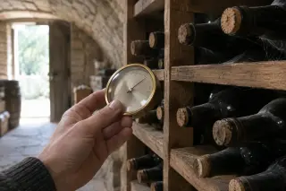 Gros plan sur une main qui tient un hygromètre à aiguille devant un casier de bouteilles, bouchons visibles
