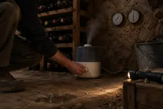 Dans une cave en terre battue, un hygromètre et un thermomètre à aiguille au mur, une main règle un humidificateur au sol