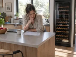 Une femme lit une facture posée sur l'îlot de sa cuisine, une grande cave à vin à côté de l'îlot