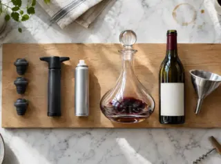 Vue de dessus des indispensables pour un vin ouvert alignés sur un comptoir : bouchons hermétiques, pompe, bombe de gaz, carafe