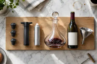 Vue de dessus des indispensables pour un vin ouvert alignés sur un comptoir : bouchons hermétiques, pompe, bombe de gaz, carafe