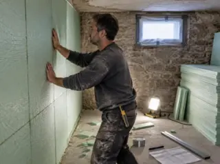 Un homme pose des panneaux isolants sur le mur d'une cave, cutter et ruban adhésif, panneaux empilés