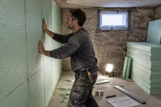 Un homme pose des panneaux isolants sur le mur d'une cave, cutter et ruban adhésif, panneaux empilés