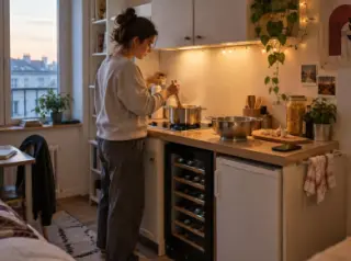 Une étudiante prépare des pâtes dans la kitchenette de son studio, une petite cave à vin sous le plan, début de soirée