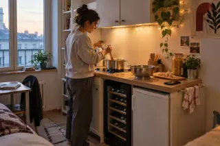 Une étudiante prépare des pâtes dans la kitchenette de son studio, une petite cave à vin sous le plan, début de soirée