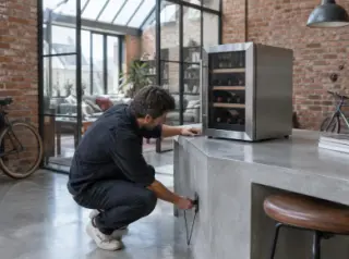 Dans un loft à briques et verrière, un homme branche une mini cave à vin en inox posée sur un plan en béton