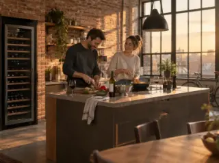 Un couple cuisine dans la cuisine ouverte d'un loft à l'heure dorée, une grande cave à vin à deux zones contre le mur de briques