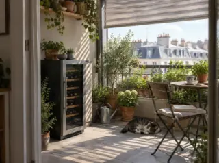 Une cave à vin contre le mur d'une loggia vitrée pleine de plantes, toits de la ville derrière, ombre d'un store, après-midi d'été