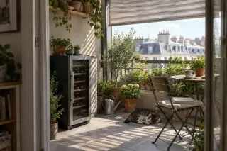Une cave à vin contre le mur d'une loggia vitrée pleine de plantes, toits de la ville derrière, ombre d'un store, après-midi d'été