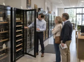 Dans un magasin spécialisé, un vendeur ouvre la porte d'une grande cave à vin devant un couple, rangée de grandes caves