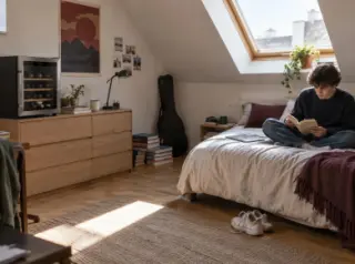 Une petite cave à vin de vingt bouteilles posée sur un meuble bas dans une chambre mansardée d'étudiant, sous le Velux