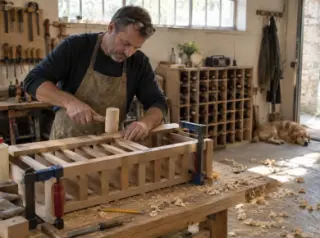 Un menuisier assemble un casier à bouteilles en bois dans son atelier, serre-joints posés, copeaux au sol