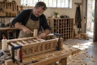 Un menuisier assemble un casier à bouteilles en bois dans son atelier, serre-joints posés, copeaux au sol