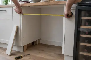 Gros plan sur un mètre ruban tendu dans une niche de cuisine de 60 cm, la cave à vin attend à côté