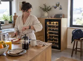 Une femme regarde sa montre en préparant le petit-déjeuner dans sa cuisine ouverte, une cave à vin derrière elle