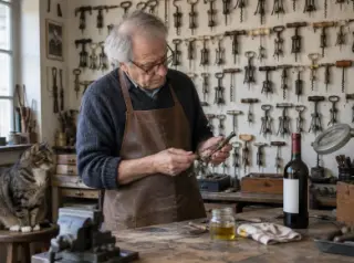 Dans son atelier, un homme âgé en tablier manipule un tire-bouchon ancien devant un mur couvert de tire-bouchons de collection