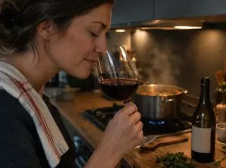 Une femme le nez dans un verre de vin, yeux fermés, un plat mijote derrière elle dans la cuisine le soir