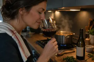 Une femme le nez dans un verre de vin, yeux fermés, un plat mijote derrière elle dans la cuisine le soir