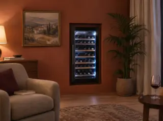 Une cave à vin encastrée dans une niche murale peinte terracotta dans un salon, tableau et plante, tapis, le soir