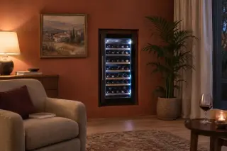Une cave à vin encastrée dans une niche murale peinte terracotta dans un salon, tableau et plante, tapis, le soir