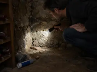 Un homme inspecte à la lampe torche un coin bas de cave ancienne, piège à souris et toile d'araignée