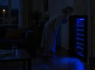 La nuit, une femme en robe de chambre penche l'oreille vers sa cave à vin dont seule la LED bleue éclaire le salon