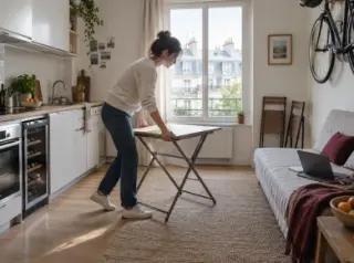 Dans un petit appartement, une femme déplie une table devant la kitchenette ouverte où une cave à vin est logée sous le plan