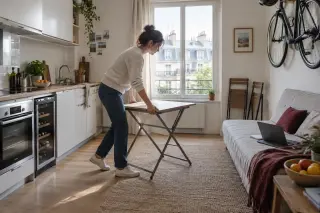Dans un petit appartement, une femme déplie une table devant la kitchenette ouverte où une cave à vin est logée sous le plan