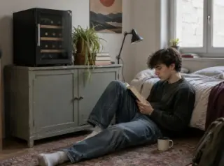 Une petite cave à vin d'occasion avec une rayure sur la porte, posée sur un meuble de récupération dans un appartement modeste, une plante