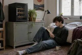 Une petite cave à vin d'occasion avec une rayure sur la porte, posée sur un meuble de récupération dans un appartement modeste, une plante
