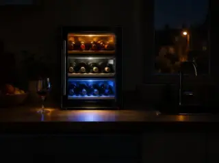 Une petite cave à vin à trois zones, trois teintes de LED, seule allumée dans une cuisine ouverte éteinte la nuit
