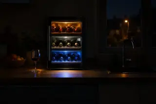 Une petite cave à vin à trois zones, trois teintes de LED, seule allumée dans une cuisine ouverte éteinte la nuit