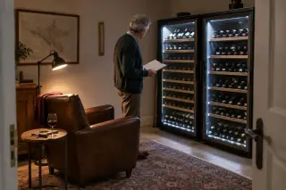 Dans une pièce dédiée au vin, un homme âgé consulte un cahier devant deux grandes caves à vin côte à côte, fauteuil