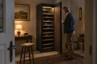 Dans une pièce dédiée au vin, un homme âgé tient ouverte la porte d'une grande cave de vieillissement, un tableau au mur, lampe