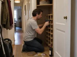 Un homme visse un casier modulaire dans un placard de couloir vidé, manteau au crochet