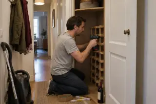 Un homme visse un casier modulaire dans un placard de couloir vidé, manteau au crochet