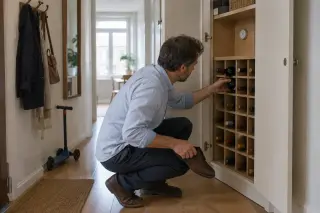 Dans l'entrée d'un appartement, un homme pose une bouteille dans un placard converti en casier, chaussures et casier côte à côte