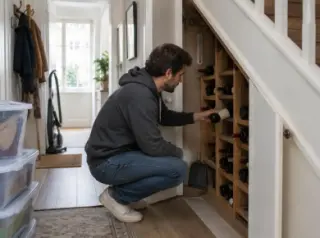 Un jeune homme pose une bouteille dans un placard sous escalier transformé en casier, boîtes de rangement sorties