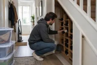 Un jeune homme pose une bouteille dans un placard sous escalier transformé en casier, boîtes de rangement sorties