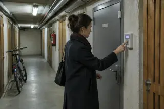 Dans le couloir des caves d'un immeuble, une femme active un boîtier d'alarme sur une porte de cave blindée équipée d'un capteur