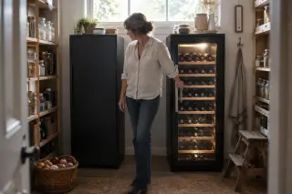 Dans un cellier, une femme pose la main sur la poignée d'une cave à porte vitrée, à côté d'une cave à porte pleine