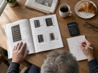 Un homme calcule le budget d'une cave à vin à la table de sa cuisine, catalogue papier et carnet ouverts