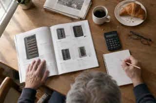 Un homme calcule le budget d'une cave à vin à la table de sa cuisine, catalogue papier et carnet ouverts
