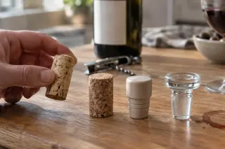 Gros plan sur quatre bouchons alignés sur un comptoir : liège naturel, aggloméré, synthétique, verre ; une main en tient un