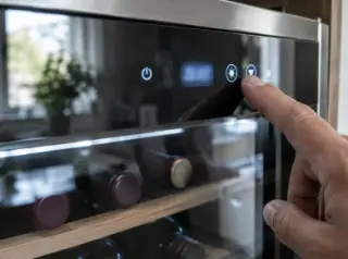 Gros plan sur un index qui presse une touche tactile du bandeau d'une cave à vin, chiffres illisibles