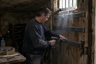Un homme visse des renforts métalliques sur une vieille porte de cave en bois, perceuse, lumière du soupirail