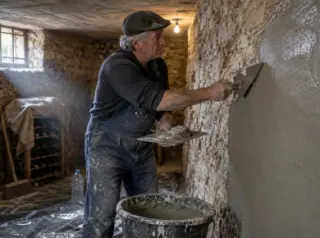 Un homme en salopette enduit un mur de cave ancienne à la truelle, seau au sol, lumière du soupirail